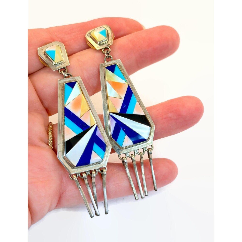 Vintage Earrings, Native American, Sterling Silver, Inlaid Turquoise Onyx Lapis